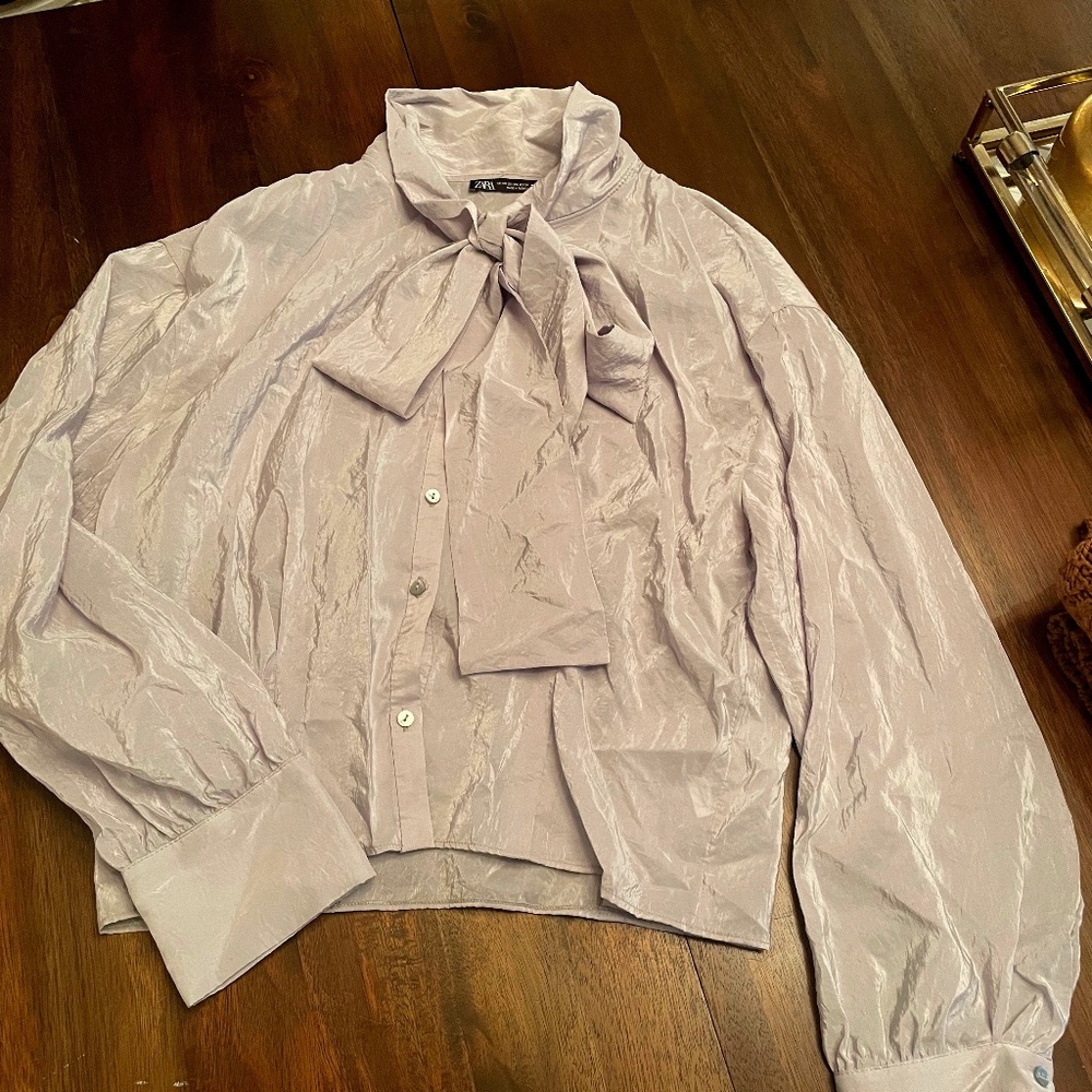 ZARA -grey sheer tie collar button up shirt